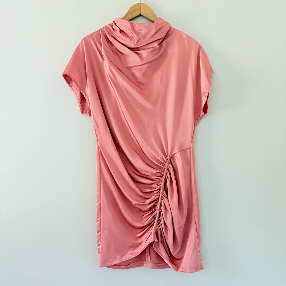 Anthropologie Mini Dress Ruched Asymmetrical Satin 16 Coral Pink Cocktail Party